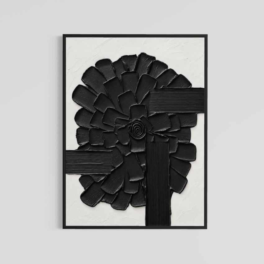 Lee in Cerulean, Botanic Vaste, joint compound and acrylic paint on canvas, 48 x 36 inches. Black and white textured floral painting in a thin black frame on a light grey wall.
