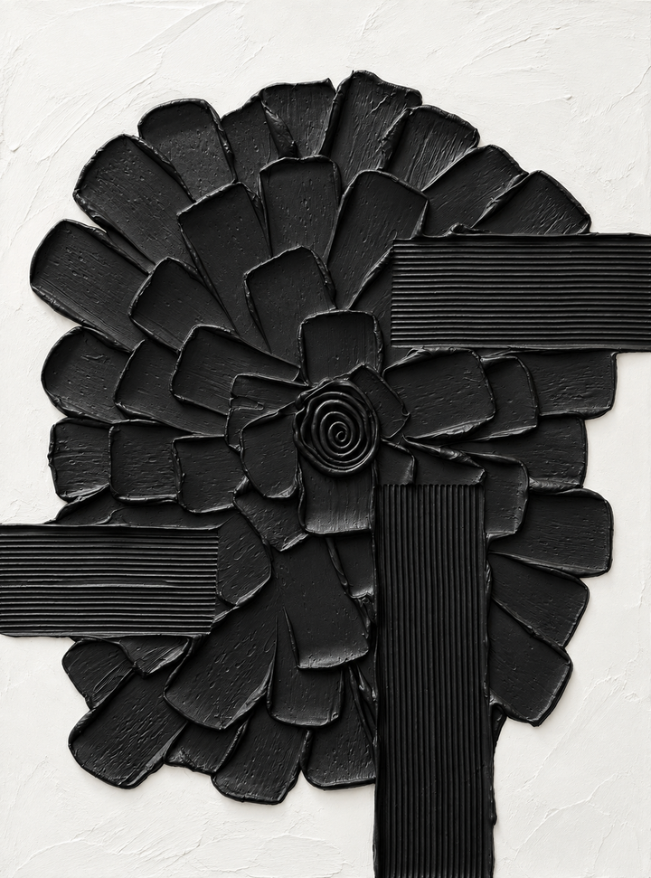 Lee in Cerulean, Botanic Vaste, joint compound and acrylic paint on canvas, 48 x 36 inches. Close view of overlapping raised black petal shapes around a spiral center, crossed by black bands of fine ridges on a white background.