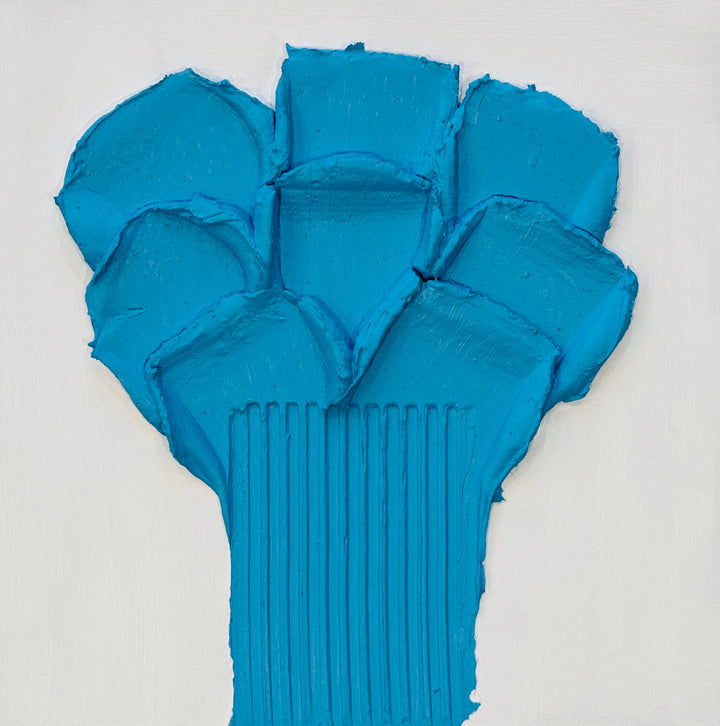 Lee in Cerulean, Botanic Bleu, joint compound and acrylic, 14 x 14 inches. A bright blue flower-like form of layered petal shapes on a vertically ribbed stem, on a white background.