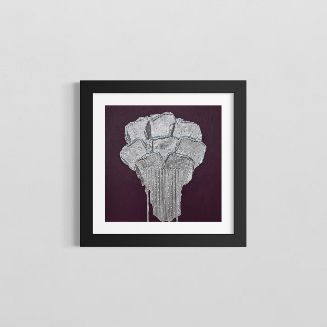 Lee in Cerulean, Botanic Chrome, joint compound and acrylic, 14 x 14 inches, shown in a black frame with a white mat on a light grey wall. A silver flower-like form of layered petal shapes on a vertically ribbed stem with drips at the base, on a dark plum background.