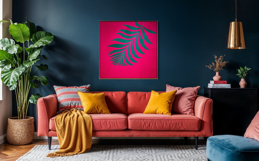 42.5"x42.5" chain-stitched textile with a tropical leaf over a bright pink background. 