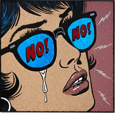 Up close of womens side profile wearing blue glasses lenses say no! with tears streaming down face and short black hair on pink mosaic stained glass background