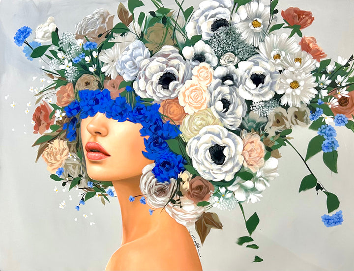 48"W x 36"H Acrylic portrait on canvas. Woman with the upper half of her face and hair covered in white, blue and terracotta flowers. 