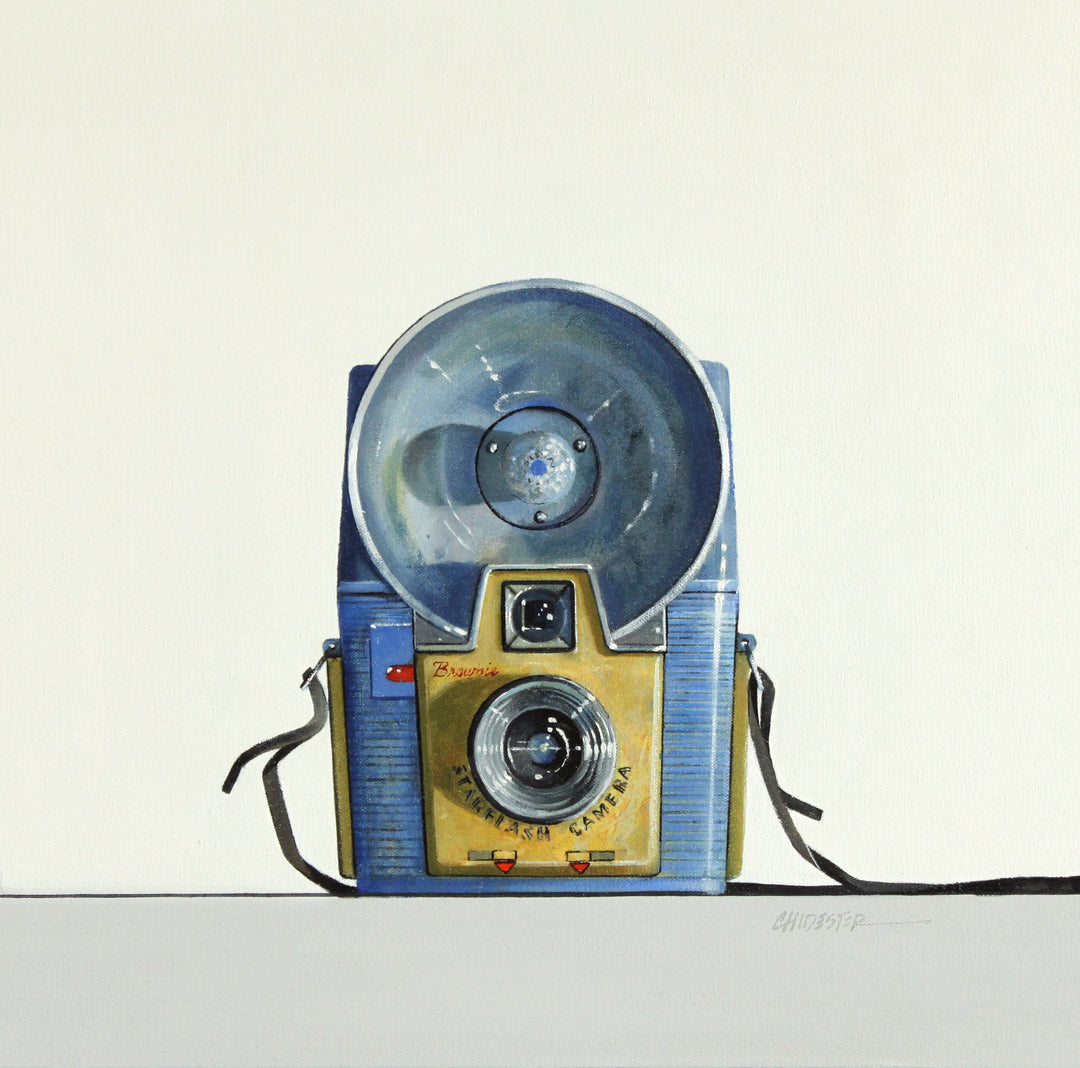 Realistic painting of a vintage Brownie Starflash camera. 16"X16" oil on canvas. Minimalist off white and grey background.