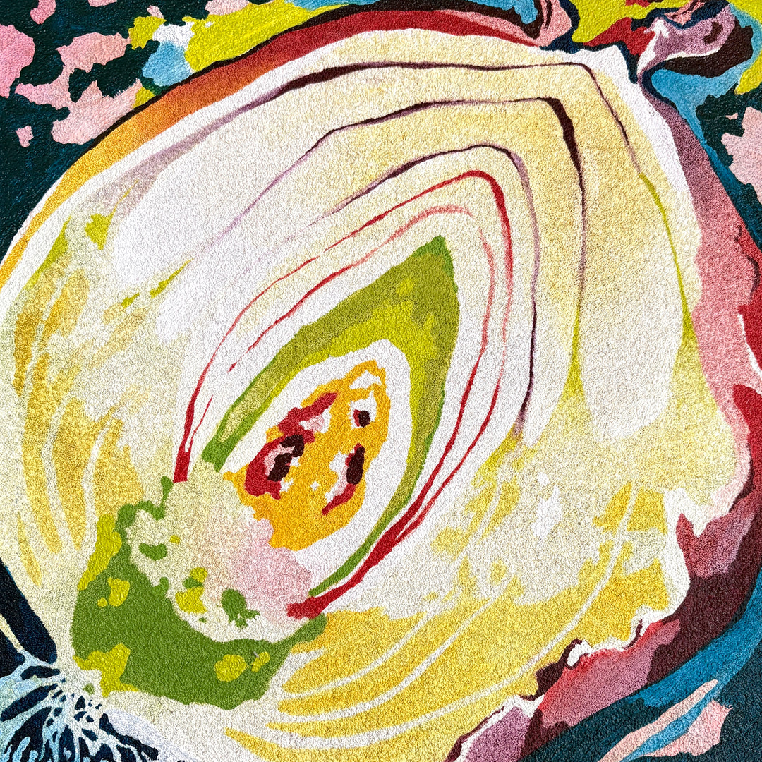 onion cut in half line weight layers abstract shapes dark background negative spaces in blue yellow and purple tones with green at center in pumice oil