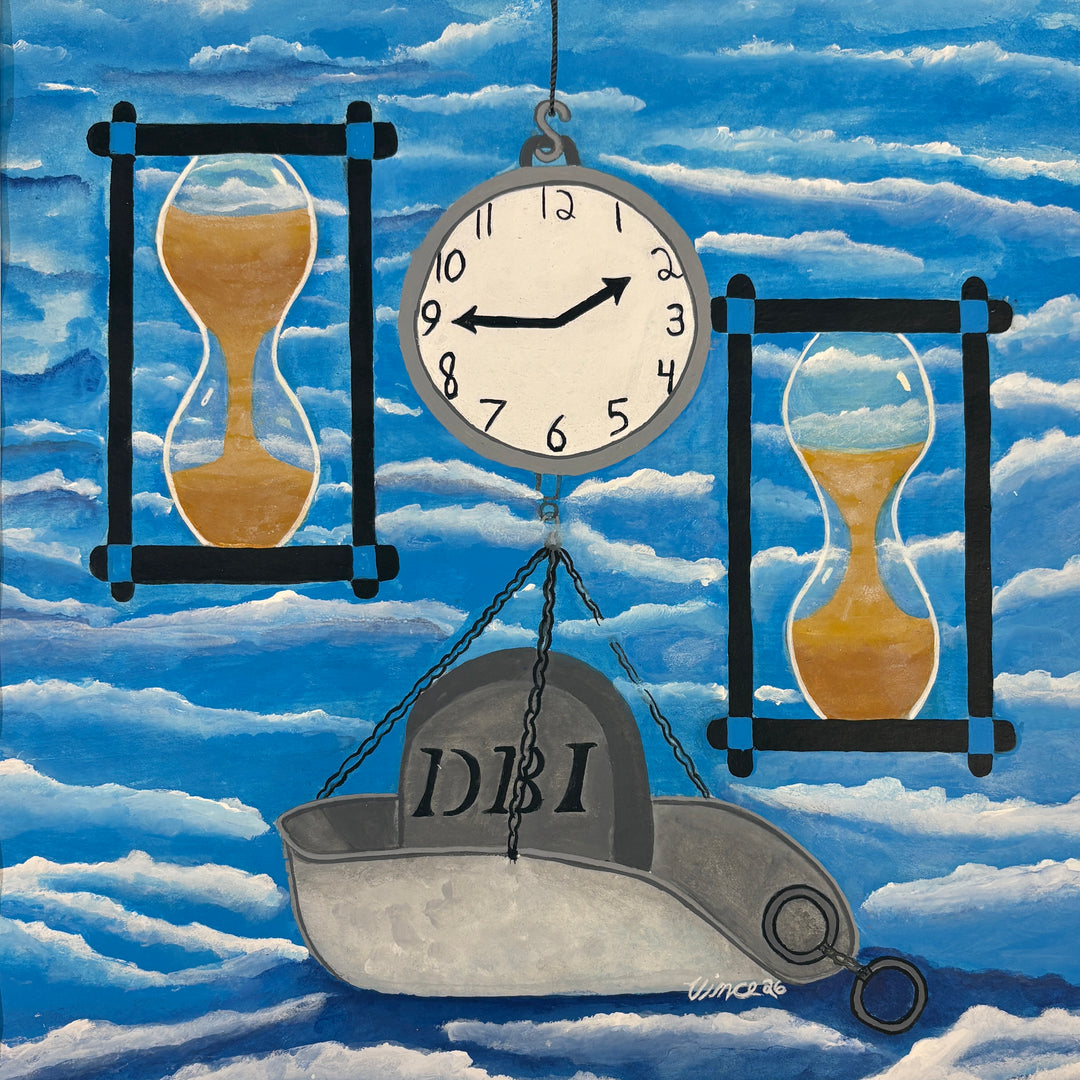 two hourglasses on either side of clock holding scale and grave stone DBI in acrylic
