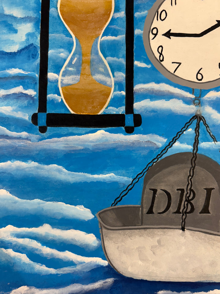two hourglasses on either side of clock holding scale and grave stone DBI in acrylic