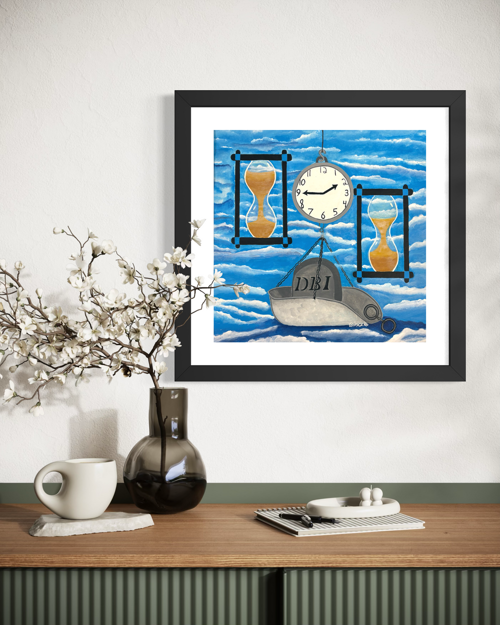 two hourglasses on either side of clock holding scale and grave stone DBI in acrylic