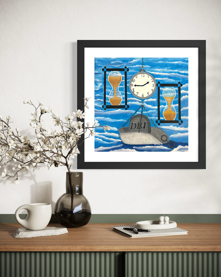 two hourglasses on either side of clock holding scale and grave stone DBI in acrylic