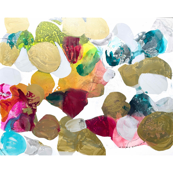 Liz Barber, Butterflies 3, acrylic paint, ink, and watercolor on canvas, 60 x 48 inches. Abstract composition of rounded shapes in metallic gold, olive, crimson, magenta, orange, yellow, turquoise, teal, and white on a white background.