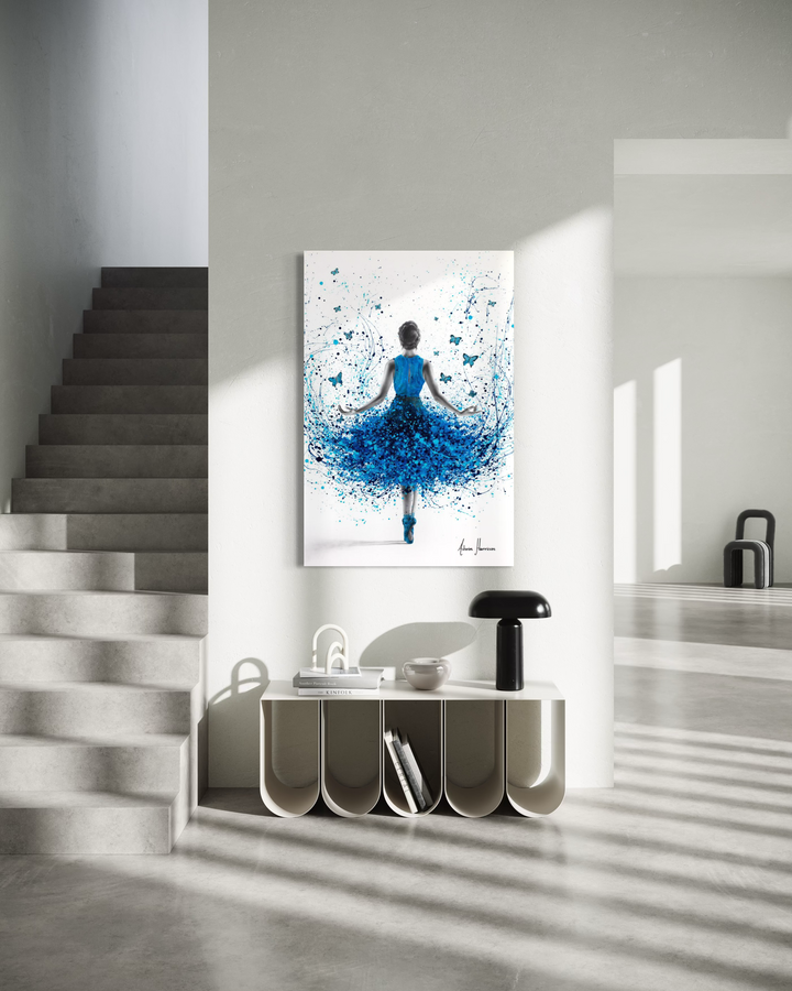 blue splatter acrylic expressionism realism ballerina in blue with butterflies on white canvas