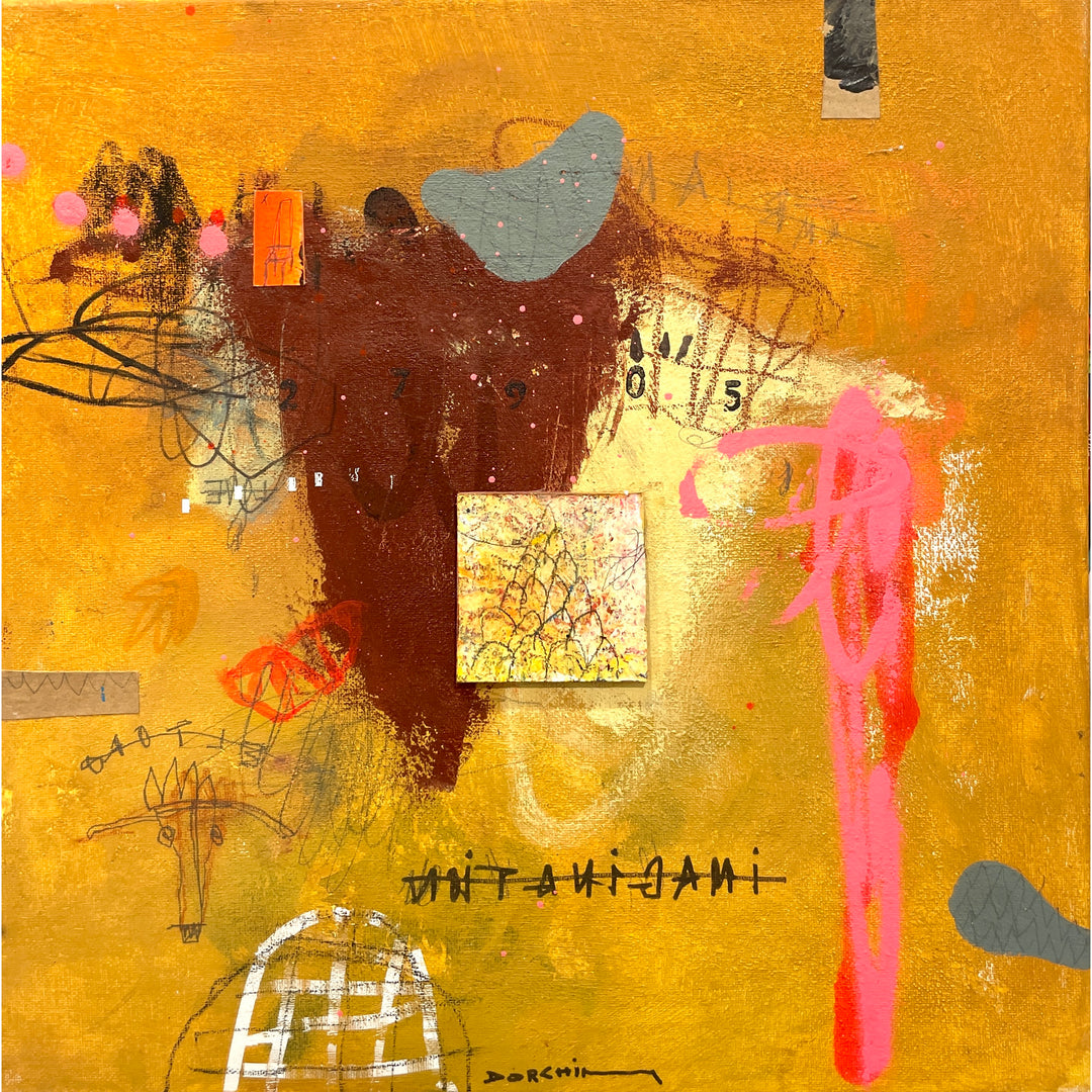 red pink and orage with graphite doodles and drawing and cut pieces of paper collage and text