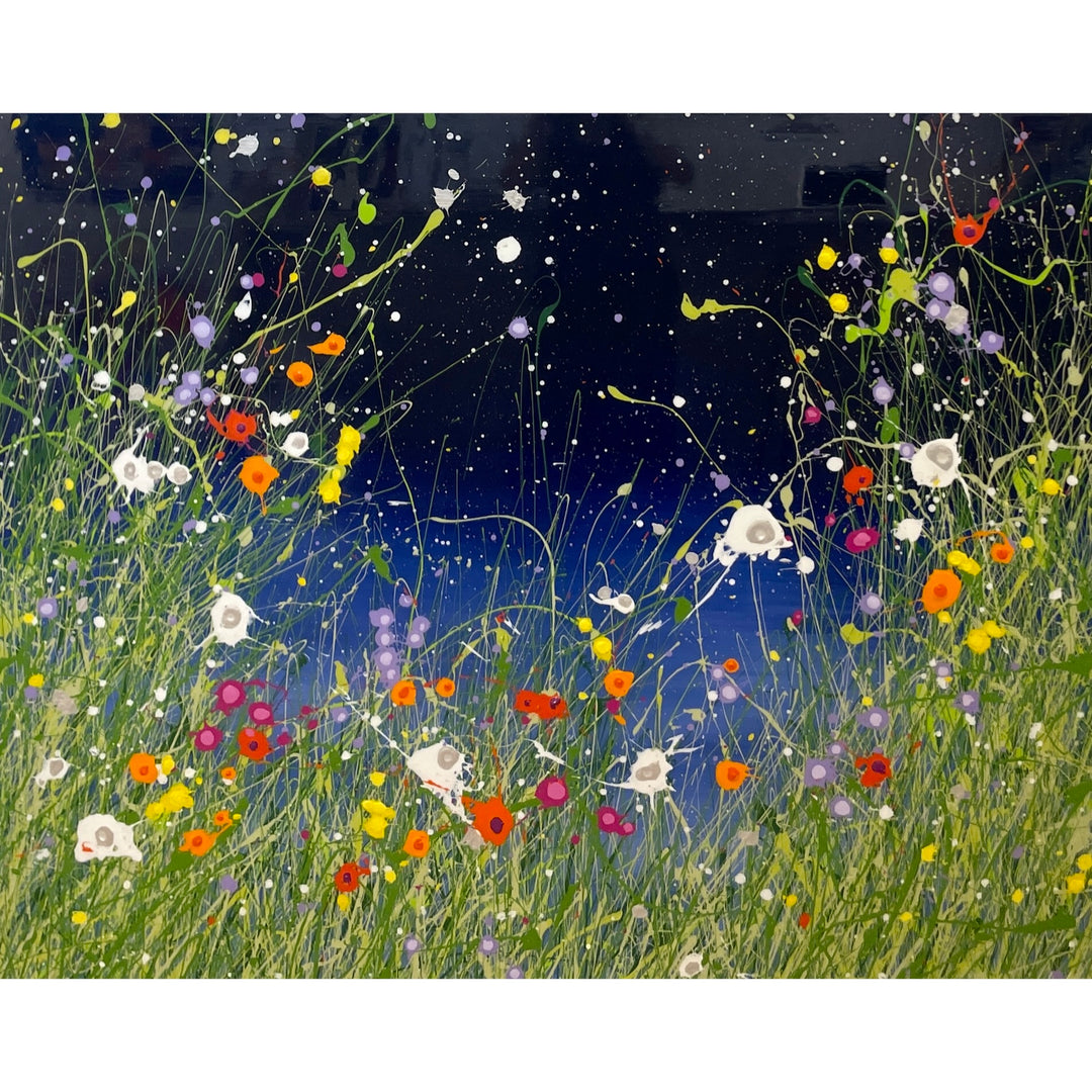 abstract floral landscape with splattered paint, grass, flowers textured paint and resin on dark blue gradient background
