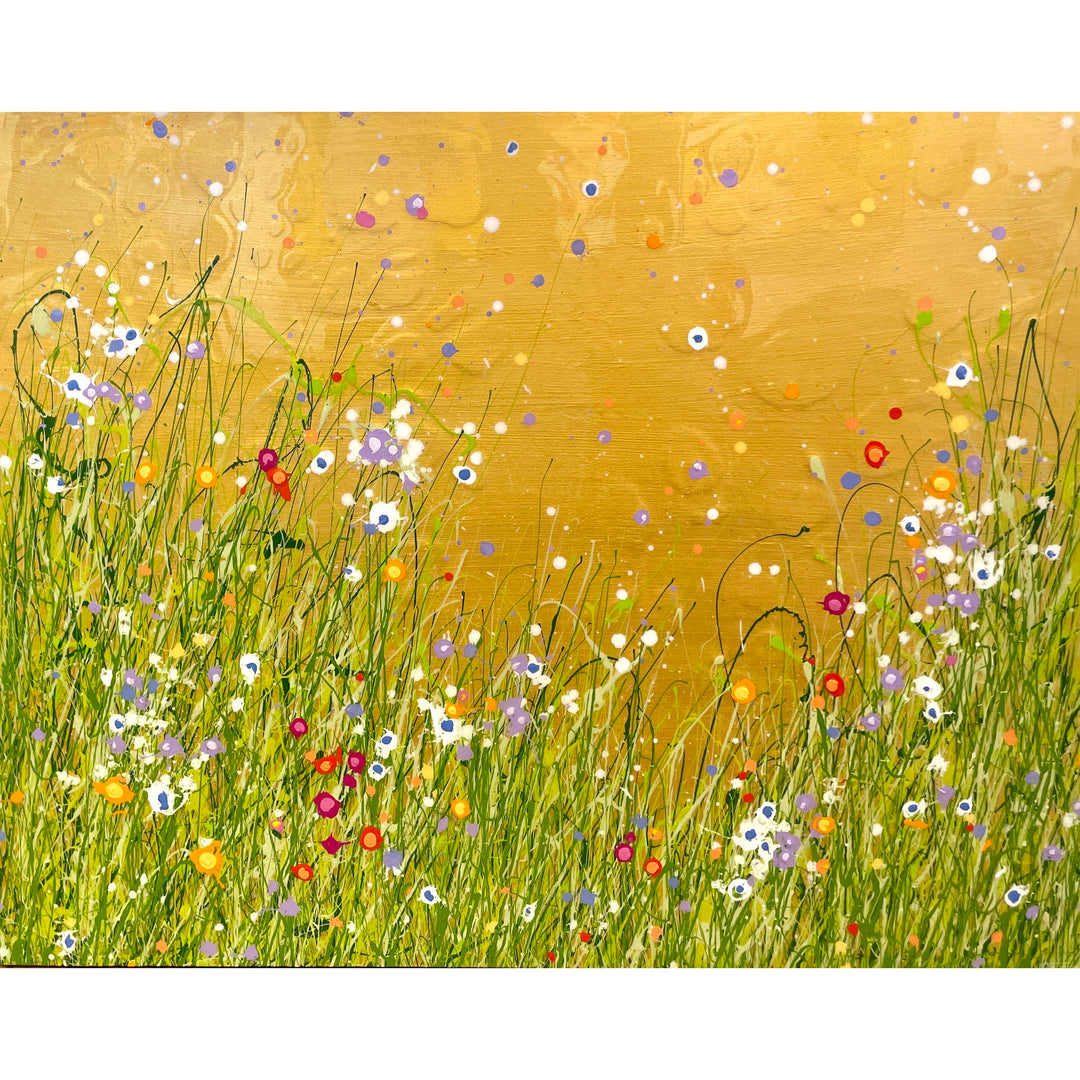 abstract floral landscape with yellow gold background, expressionistically painted flowers and grass splatter paint