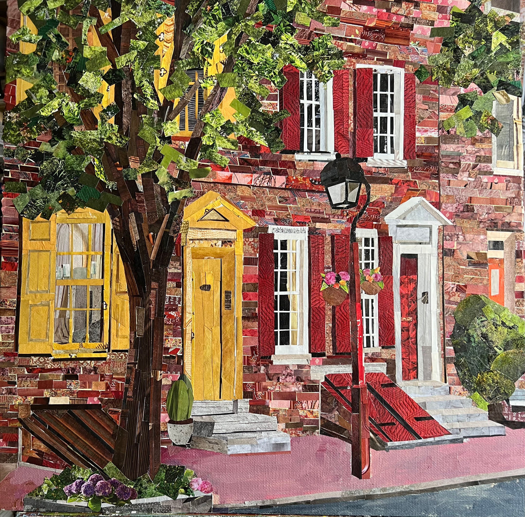 14 x 14" original artwork in a 17" white window matting collage of red brick houses on a Philly city street. 
