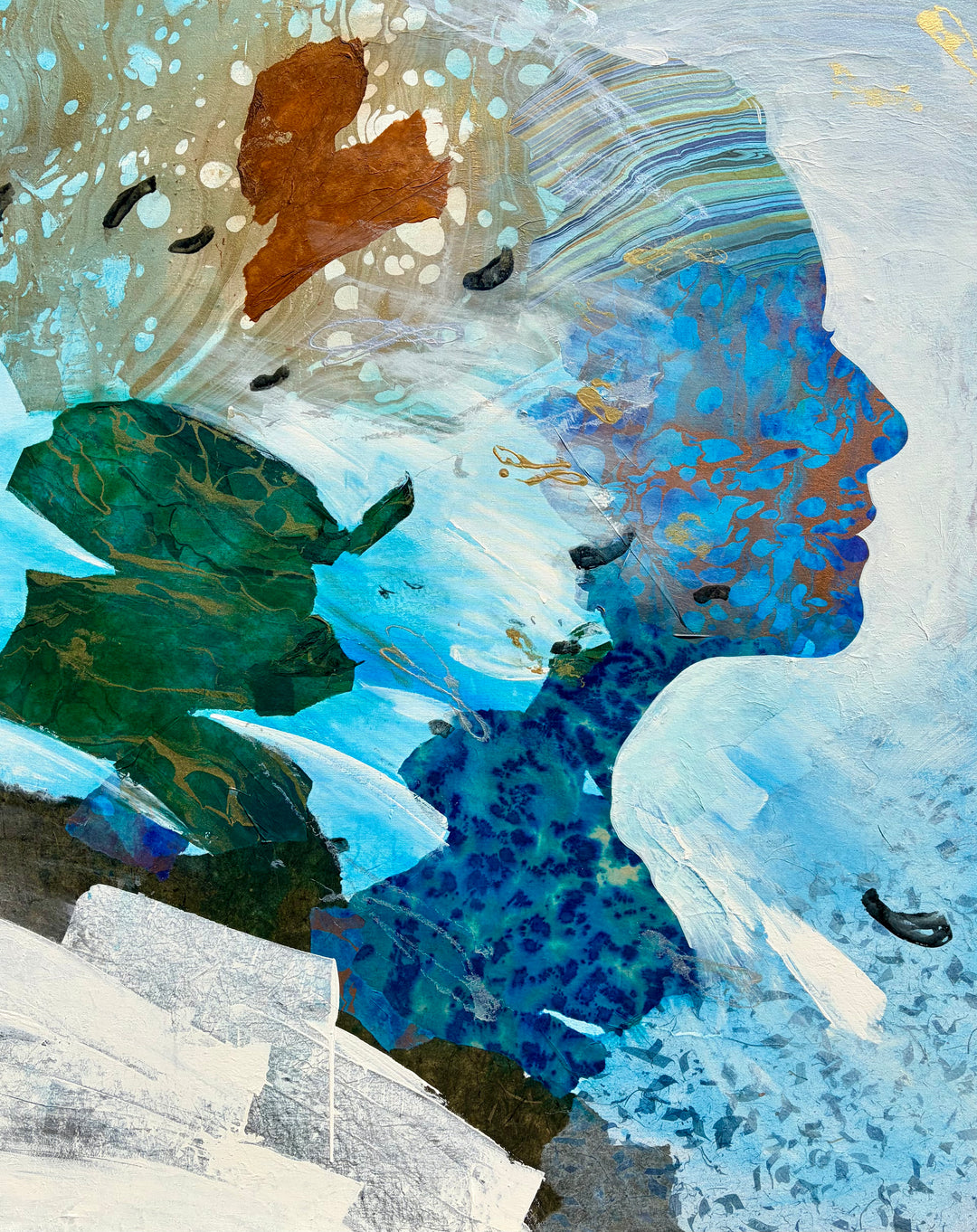 Current Cameo by Christopher Peter. Mixed media painting featuring a silhouette profile head composed of blue, teal, and copper-bronze layered textures with gold leaf, green foliage collage, and expressive white brushstrokes.