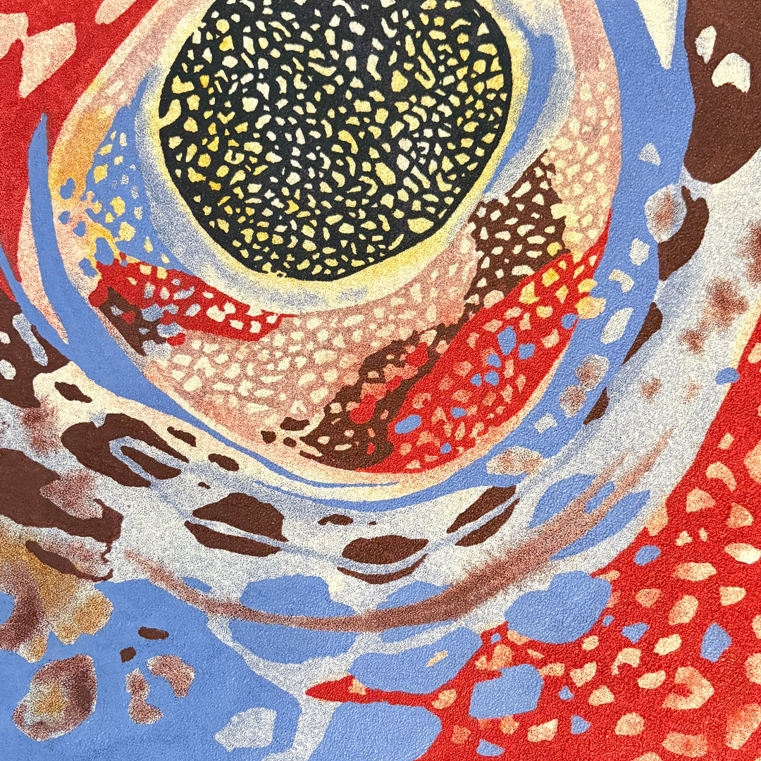 Camouflage by Erin Touey – abstract oil painting on pumice-primed canvas with a swirling spotted pattern in black, cream, red, brown, and blue