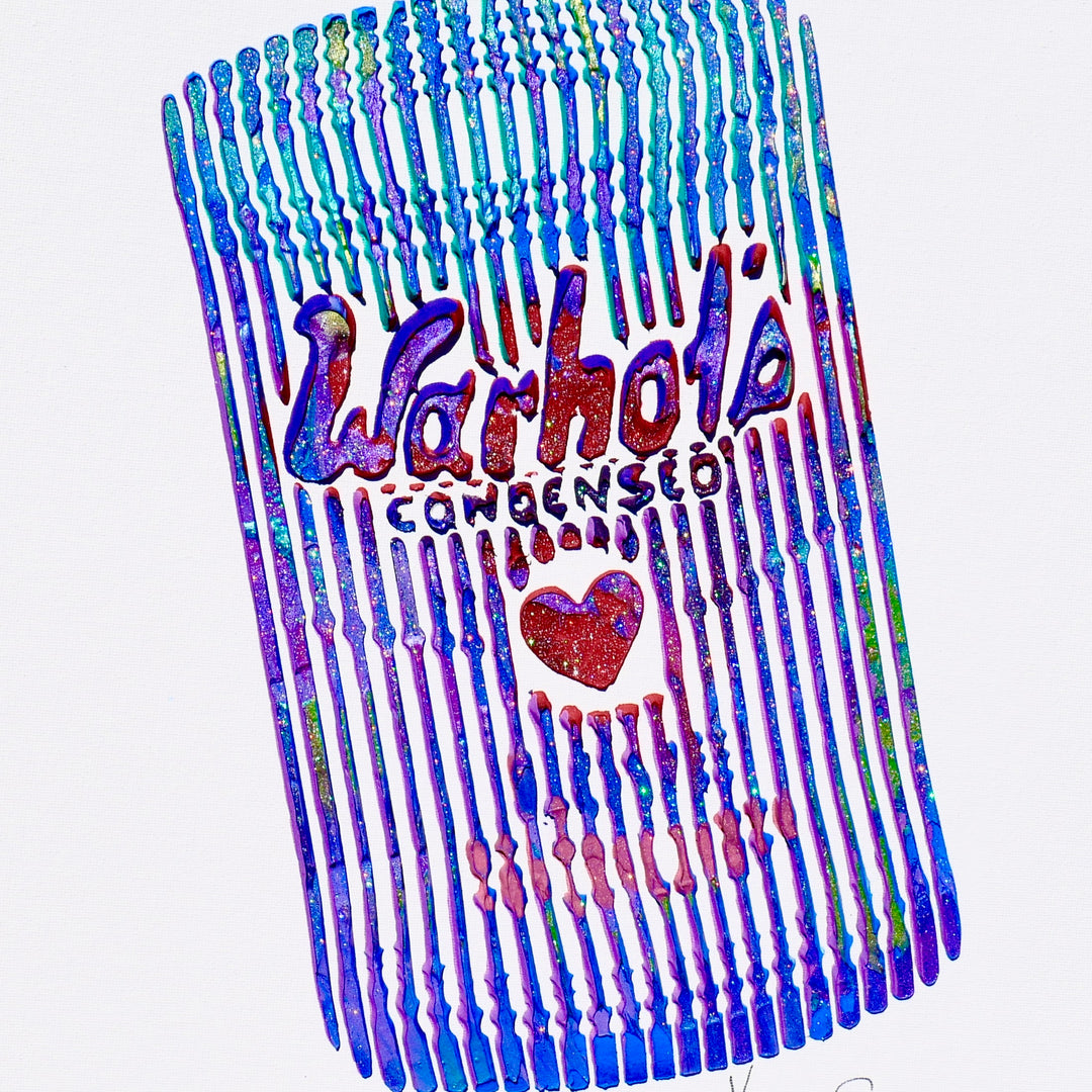 Warhol's condensed love soup campbells soup tin can in purple red and blue vertical lines on white background