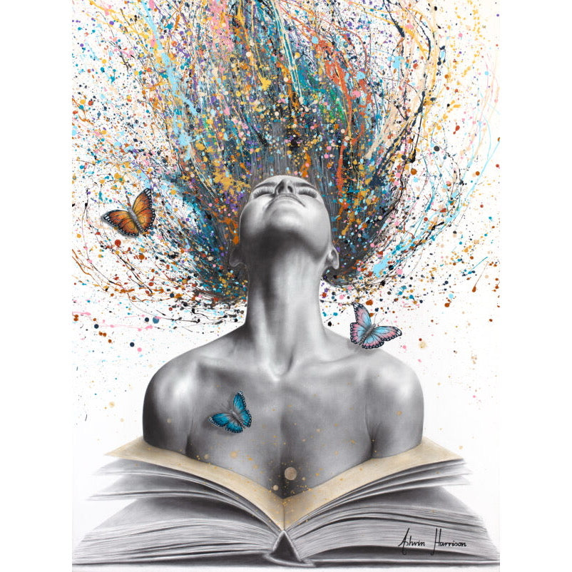 Figurative surrealism expressionism figure woman splatter hair in pastel colors opening book with butterflies on white background