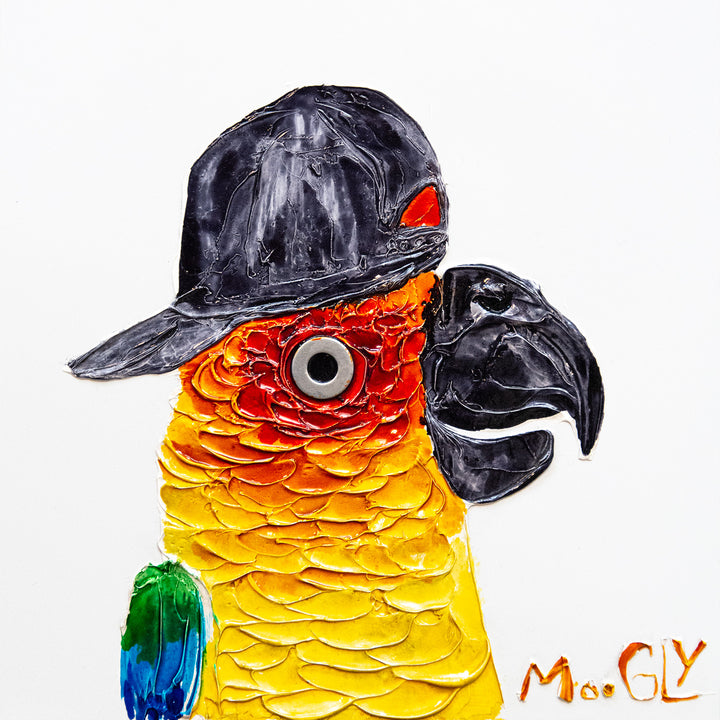 Acrylic and resin 12" x 12" Chatty painting by Moogly. Humanized colorful parrot wearing a backwards baseball cap, with a washer eye.