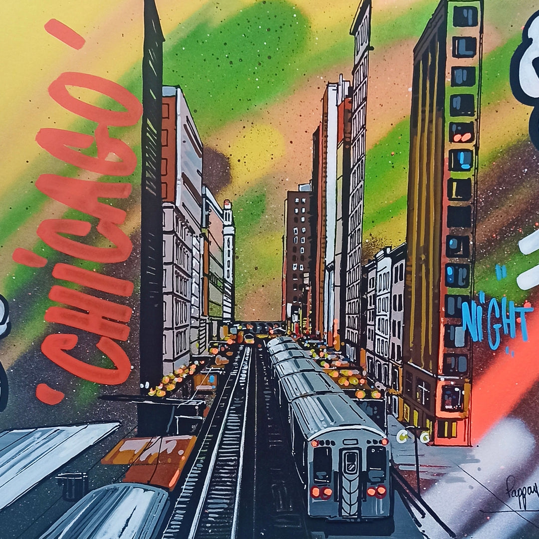 Chicago, City Scape, Urban, Spray paint, Graffiti, Green, Orange