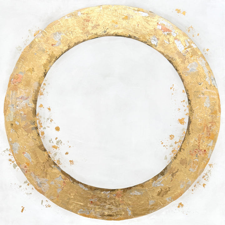 36X36 gold leaf circle on a slightly textured white background with gold and silver leaf dispersed throughout