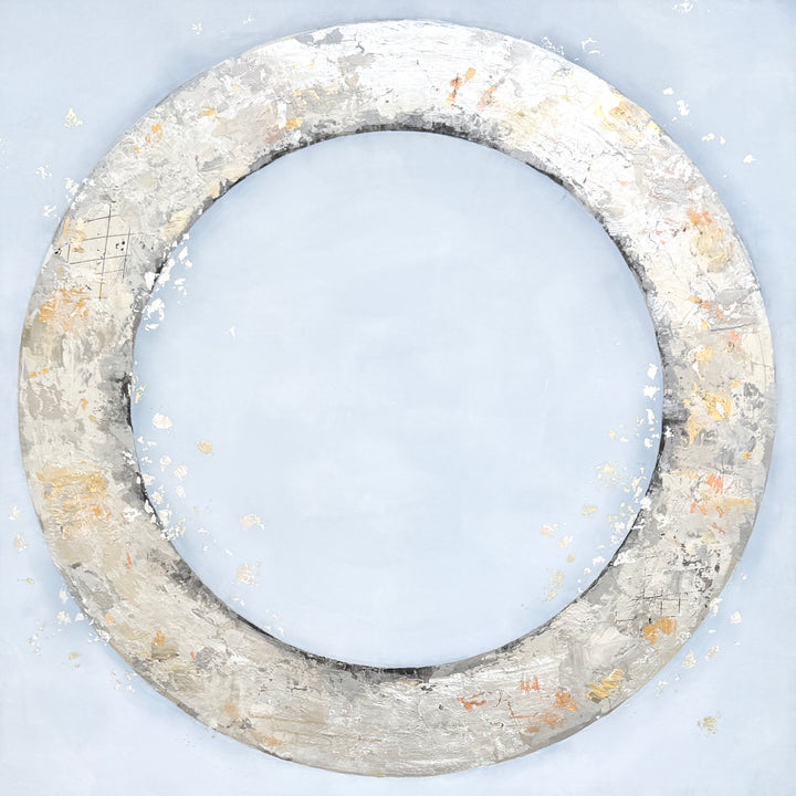 36X36 silver circle made with metallic and gold foil on a light grey acrylic background