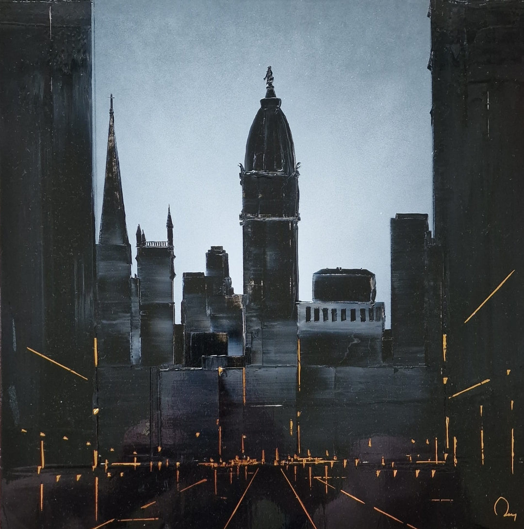Philadelphia's City Hall is abstractly painted in gold leaf and black and white lacquer by Julien Rey. The gold highlights the lights in the street and on the buildings giving the artwork a beautiful perspective.
