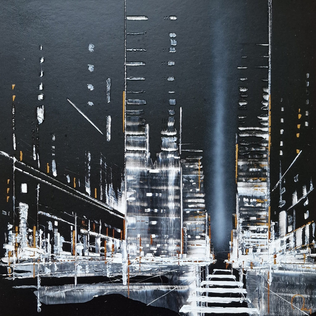 City Lights by Julien Rey shows a city scape scene where the abstract buildings reflect off of the rainy streets. Painted in gold leaf and black and white Chinese lacquer.