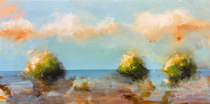 abstract expressionist impressionist landscape trees in blue and green pink clouds soft pastel oil paint