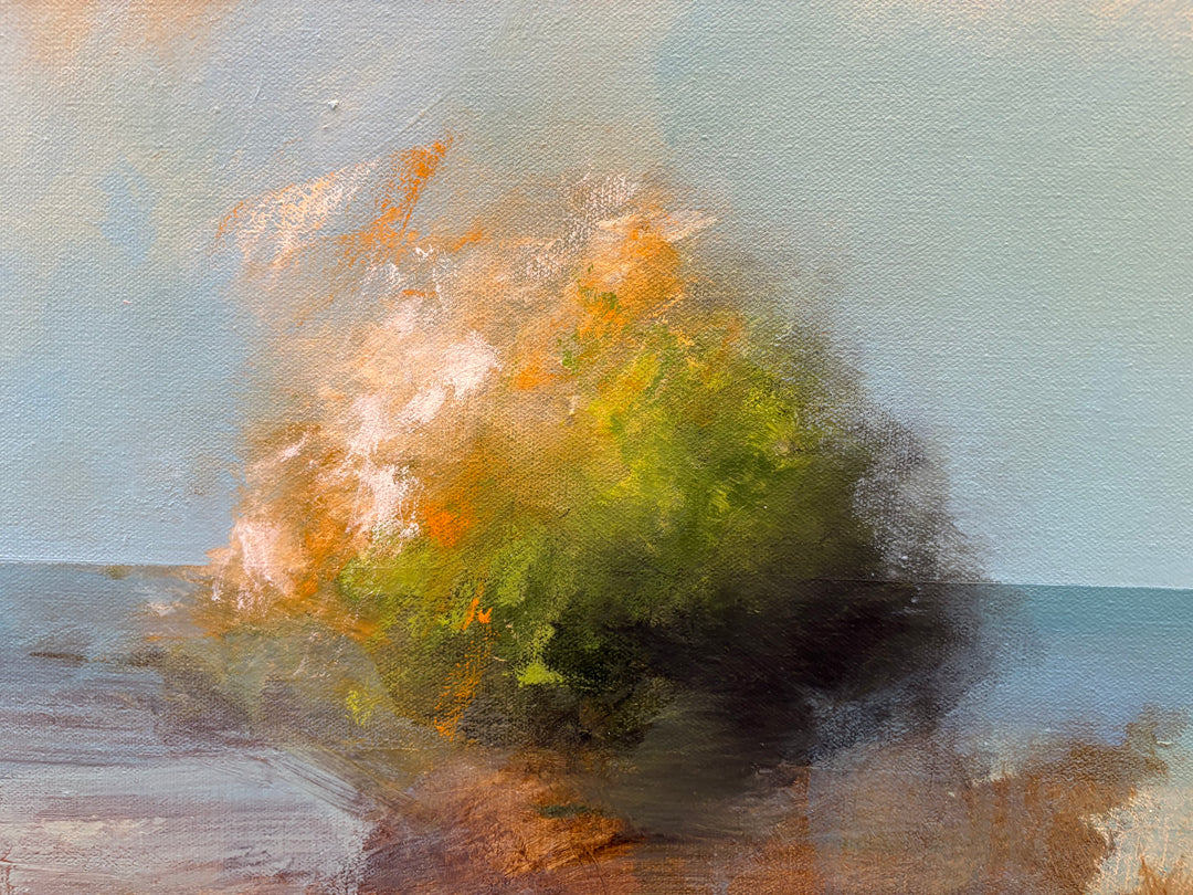 abstract expressionist impressionist landscape trees in blue and green pink clouds soft pastel oil paint