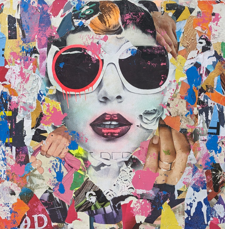 48" x 48" Acrylic paint, spray paint, wheat-paste, vintage advertisements, printed fragments on canvas. Woman&
