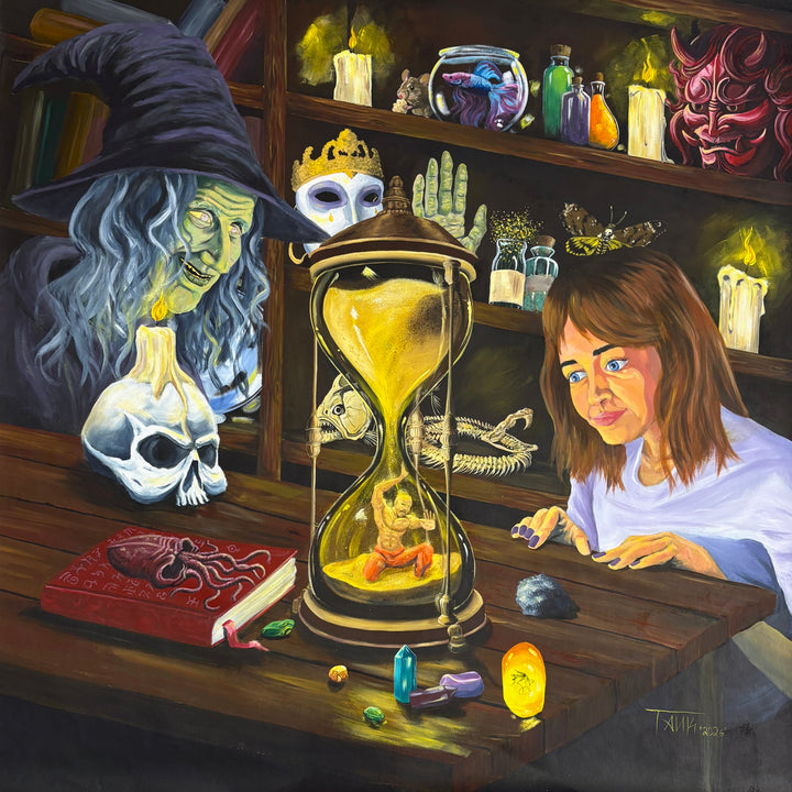 Surreal illustrative figures girl and witch with hourglass person inside wood bottles masks figures gems and crystals in acrylic