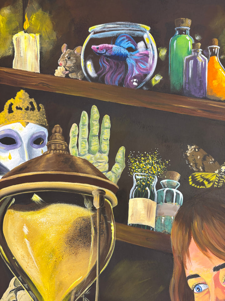 Surreal illustrative figures girl and witch with hourglass person inside wood bottles masks figures gems and crystals in acrylic