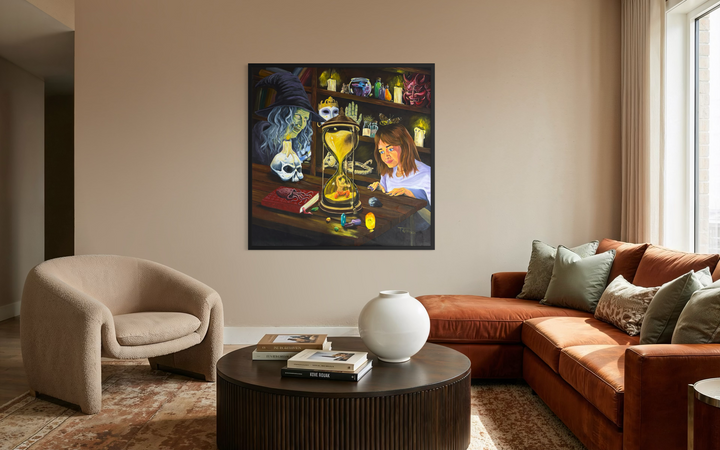 Surreal illustrative figures girl and witch with hourglass person inside wood bottles masks figures gems and crystals in acrylic