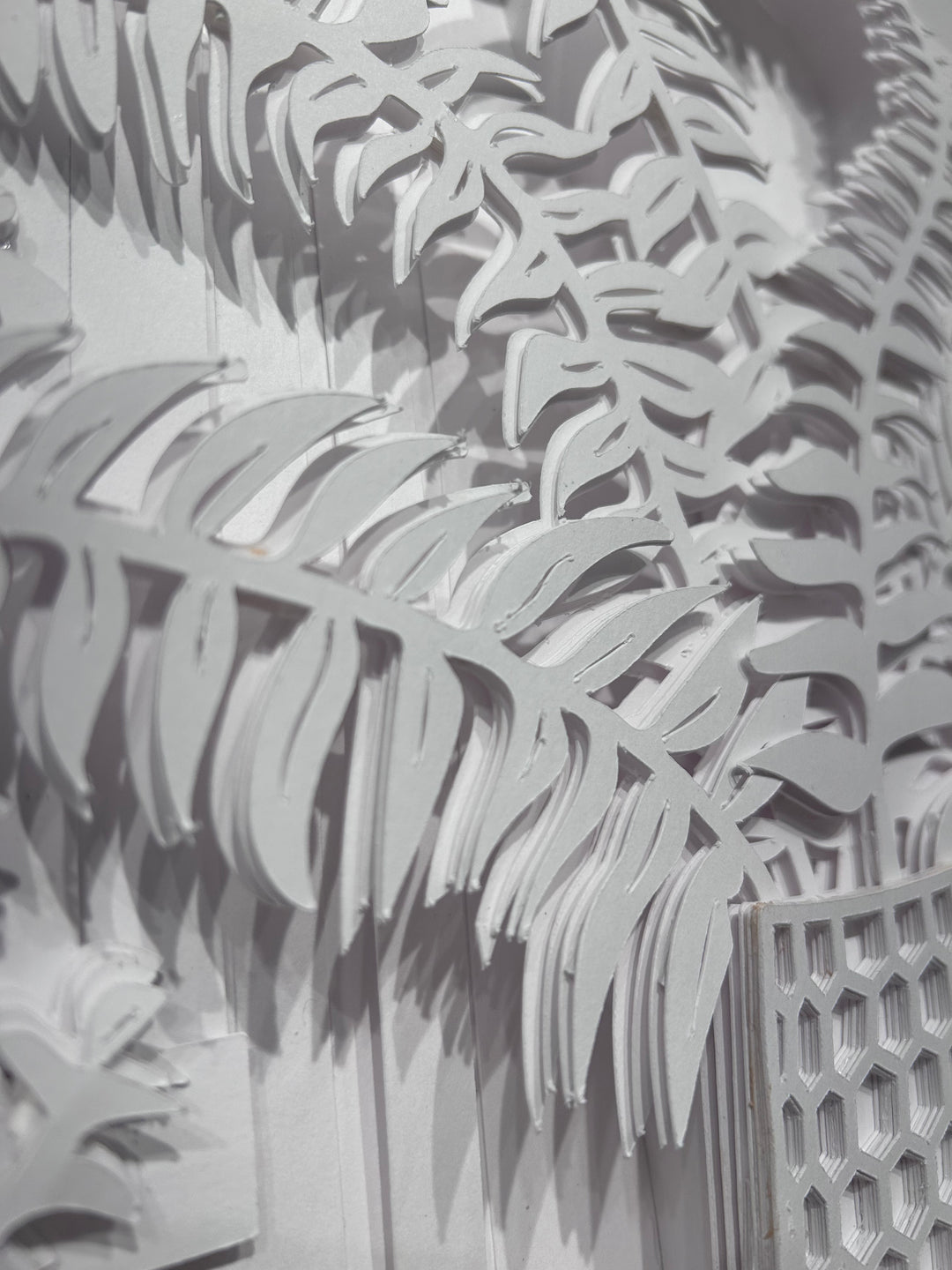 14"x14" layered white paper forming a vase with a fern over a wall.  