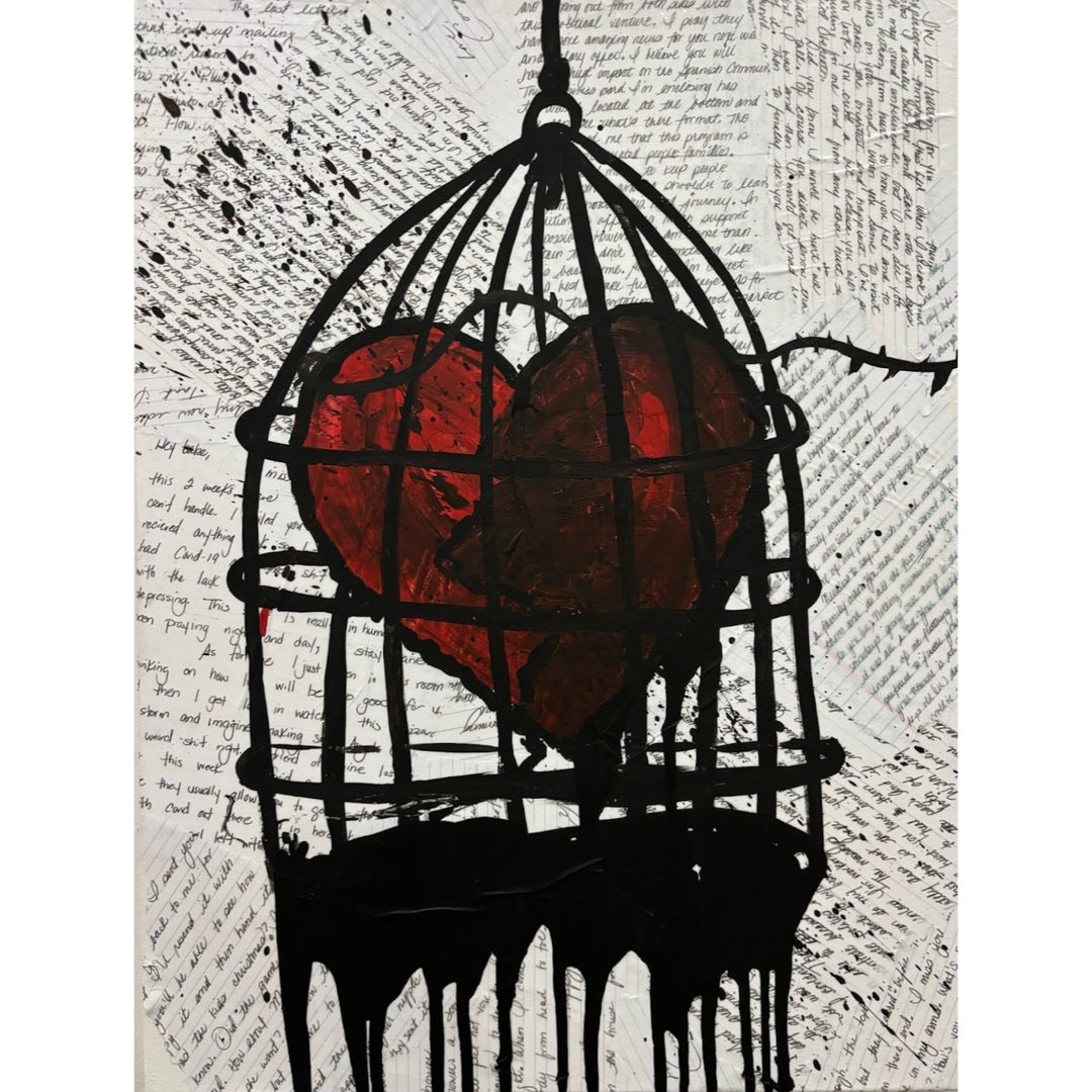 mixed media prison heart chain cage love letter 
