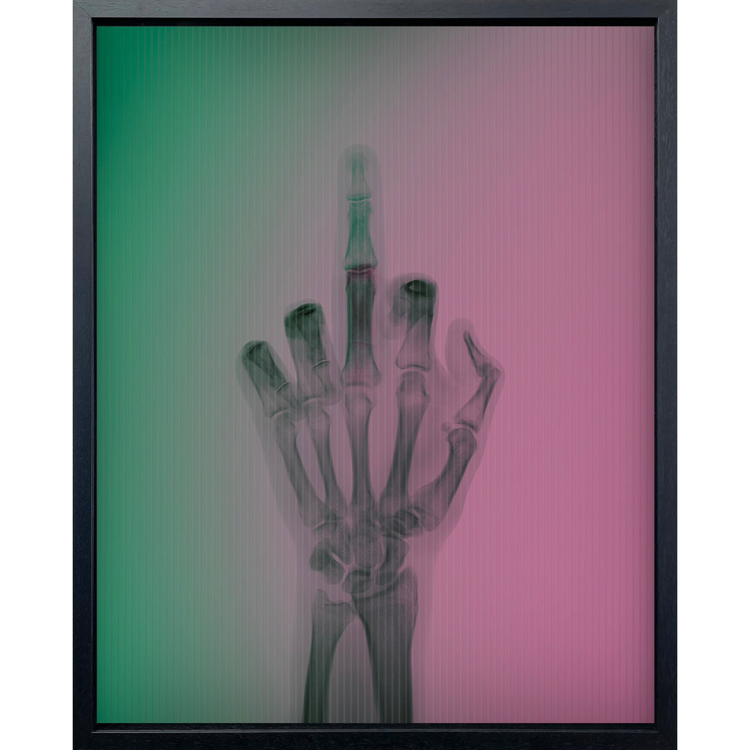 x ray photograph middle finger going up and down as background gradients transitioned from green to hot pink