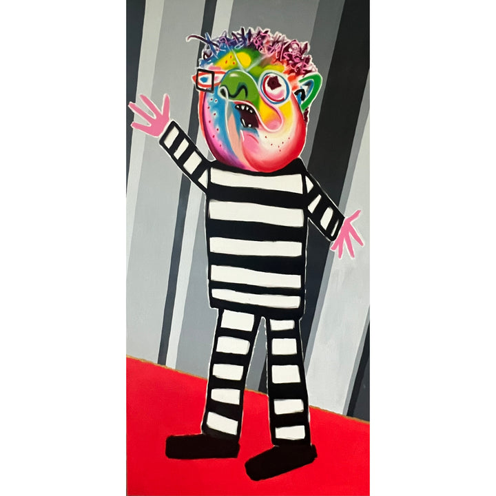man prison outfit stripes black white expressionist red ground