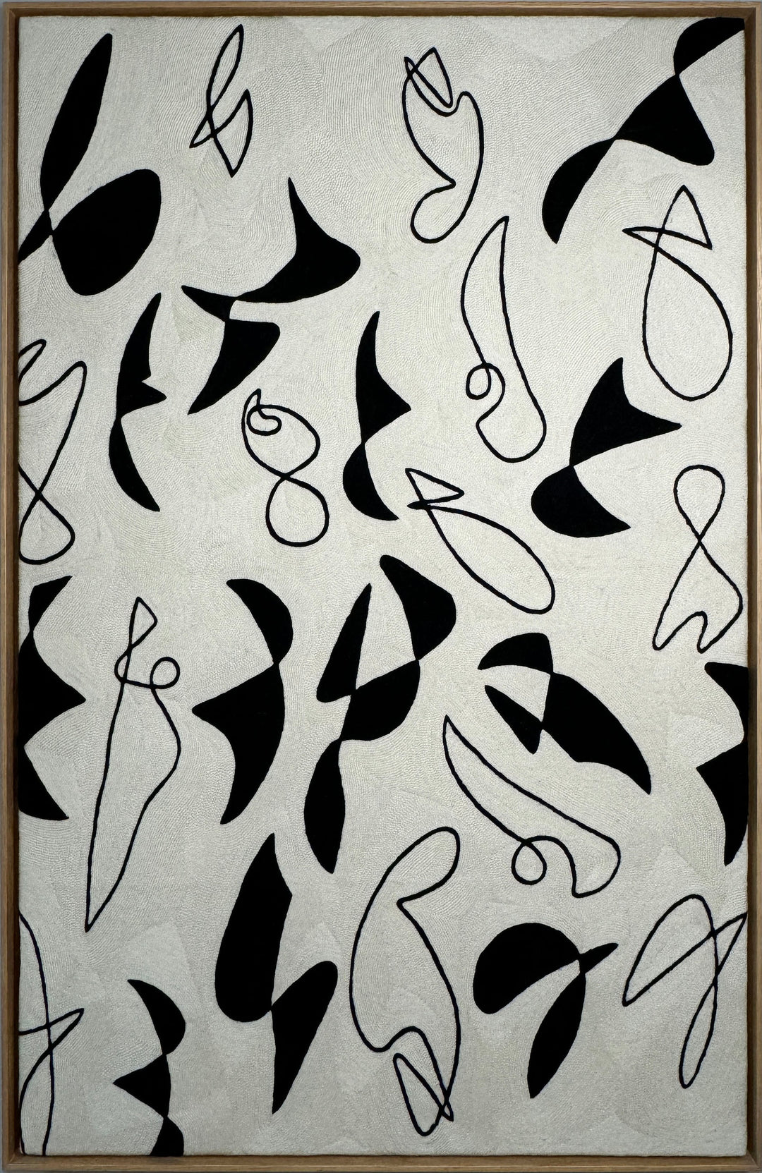 abstract shapes doodles line work in black and white negative space solid heavy chain stitched textile fabric embroidery