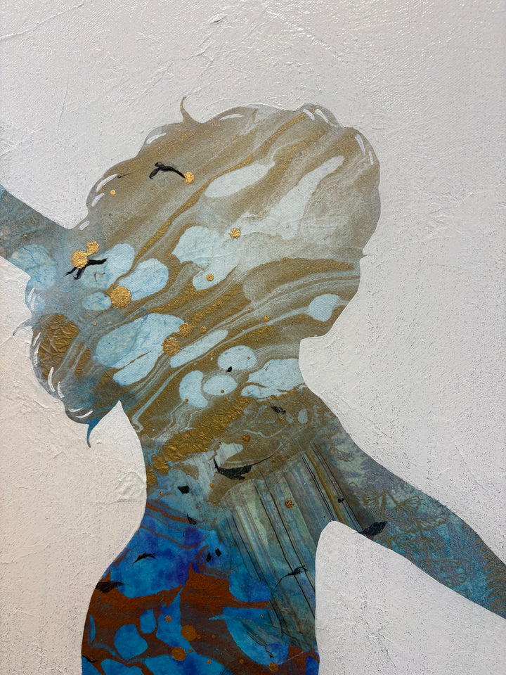 silhouette of girl on diving board arms up ready to jump in abstract expressionistic mixed media collage and painting on textured white background