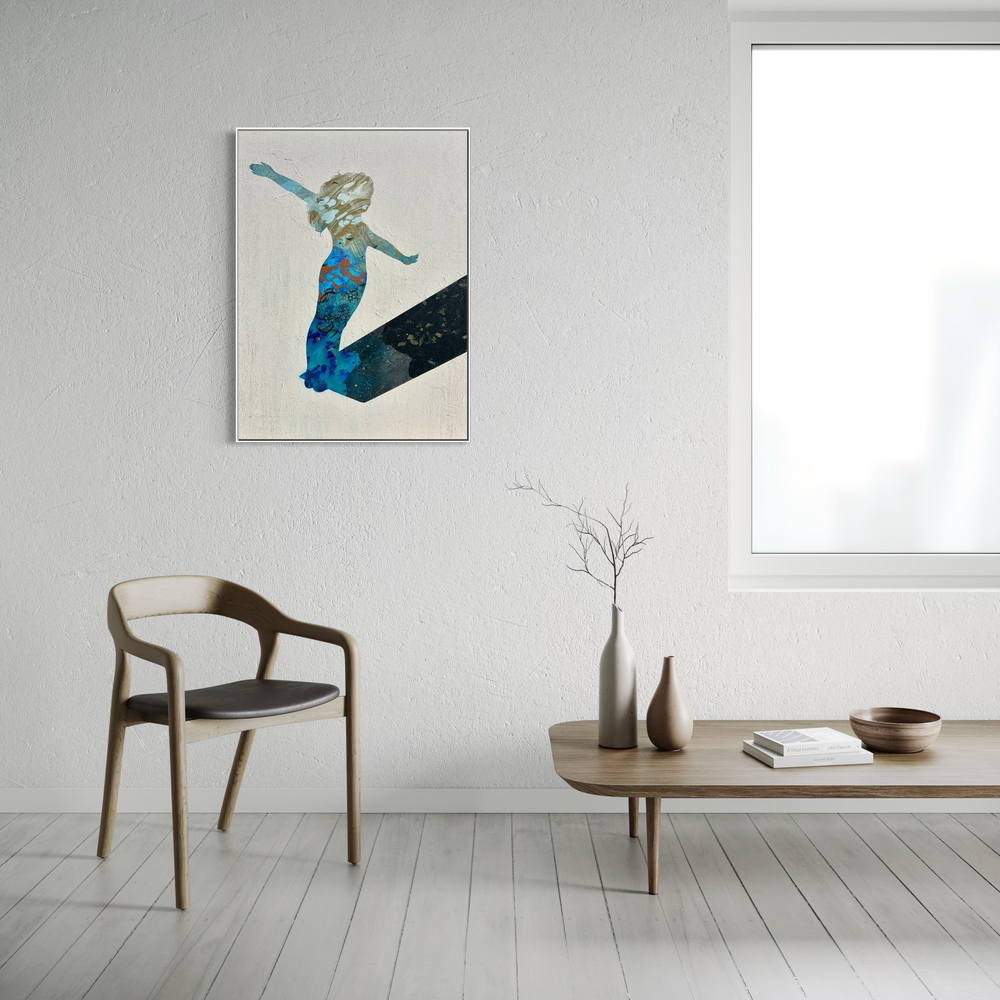 silhouette of girl on diving board arms up ready to jump in abstract expressionistic mixed media collage and painting on textured white background