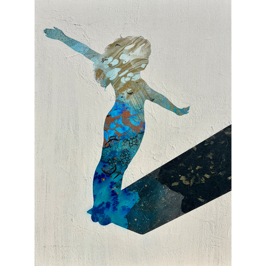silhouette of girl on diving board arms up ready to jump in abstract expressionistic mixed media collage and painting on textured white background
