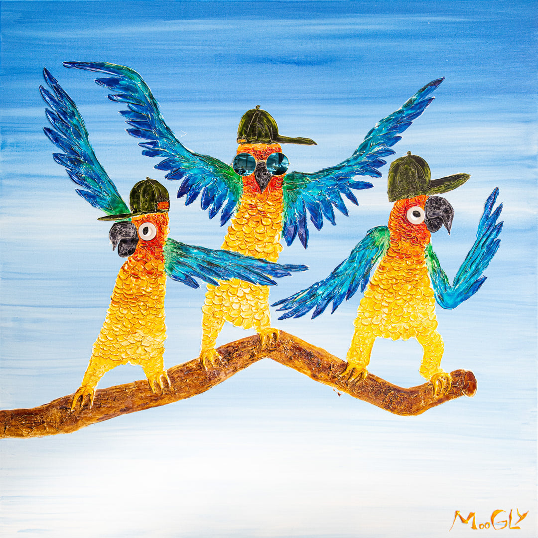 Acrylic 48" x 48" Dancers painting by Moogly. Brightly colored, fun and animated dancing parrots with hats and sunglasses on. Colors include blue, green, yellow and orange.