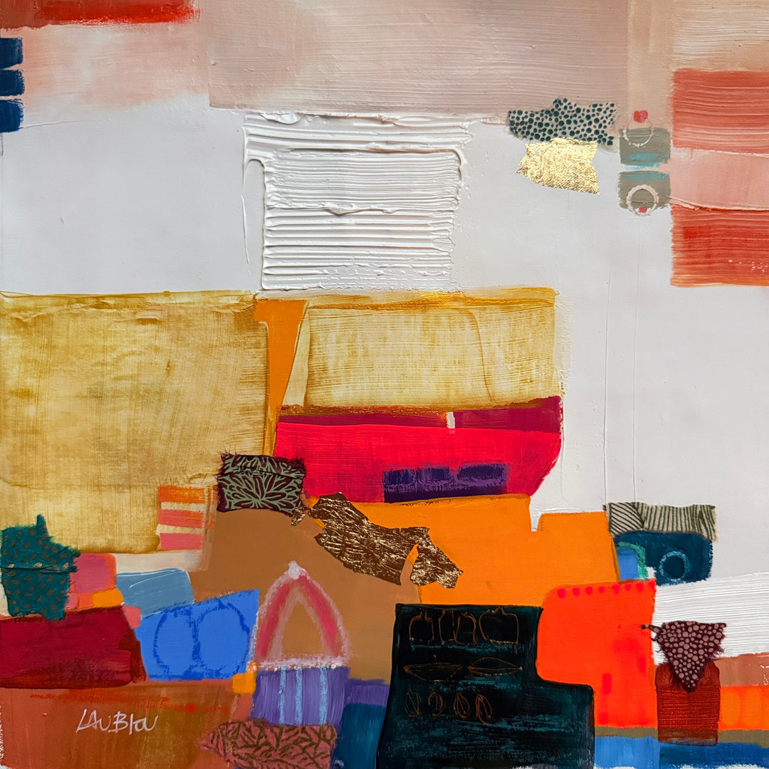 Lau Blou, Dans le souk, acrylic paint, fabric, and gold leaf on canvas, 10 x 10 inches. Abstract composition of stacked blocks in mustard, orange, red, navy, and teal with an arched pink shape, patterned fabric, and copper leaf pieces, set against a white textured background.