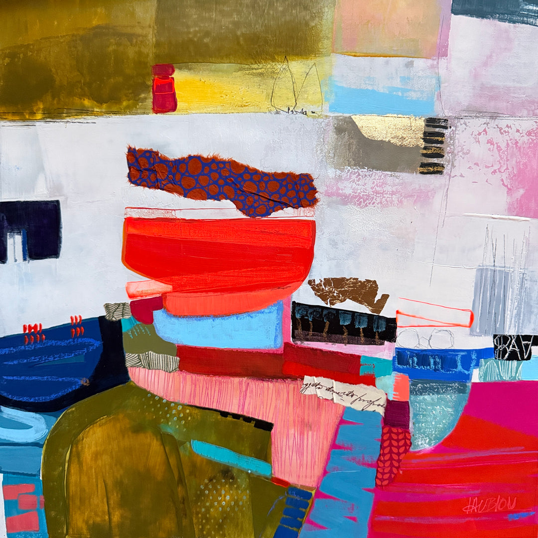 Lau Blou, Destination bord de mer, acrylic paint, fabric, and gold leaf on canvas, 14 x 14 inches. A red bowl shape stacked on blue and pink blocks above an olive green arch form, with patterned fabric and copper leaf pieces, set against a white background with olive, pink, and light blue blocks along the top.