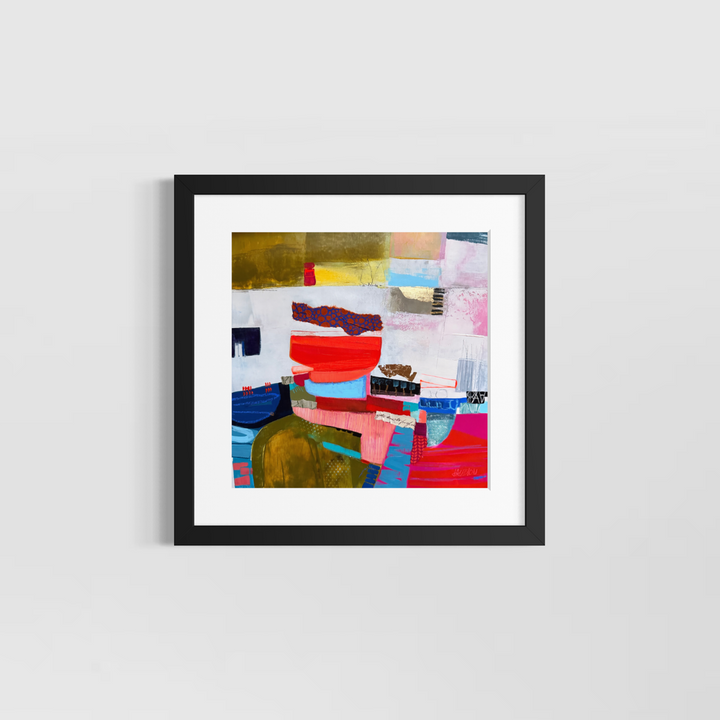 Lau Blou, Destination bord de mer, acrylic paint, fabric, and gold leaf on canvas, 14 x 14 inches, shown in a white 17 x 17 inch mat and black frame on a light grey wall. Abstract painting of a red bowl shape above an olive green arch.