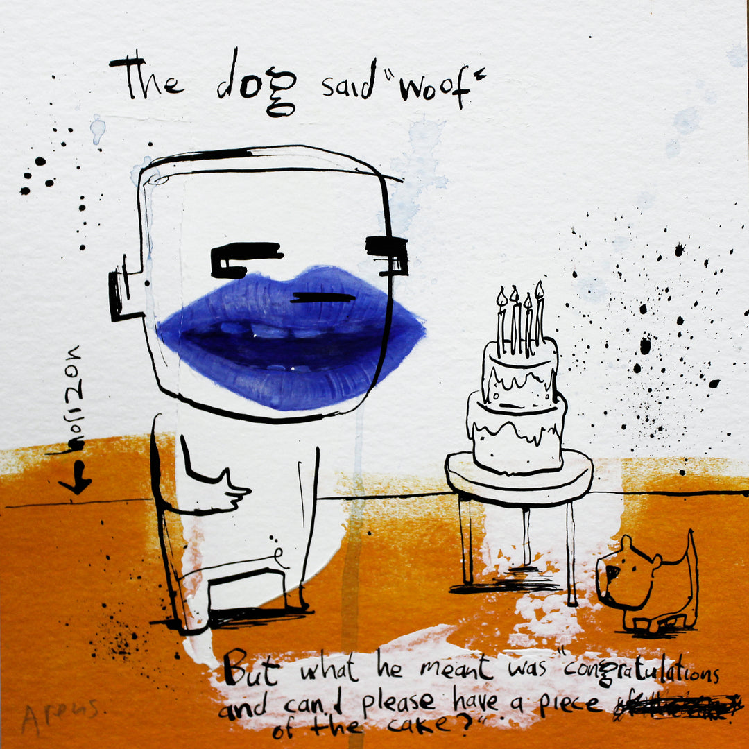 doodle ink figure cartoon with realistic rendered blue moth with cake drawing and dog, orange floor and white background, with text satire