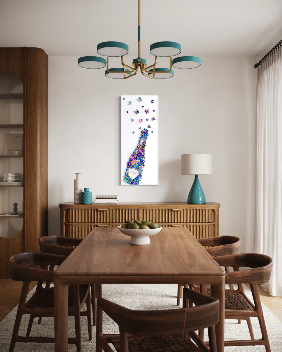 3 dimensional painting mixed media artwork modeling clay champagne alcohol bottle textured with butterflies coming out of bottle on canvas white background floral botanical