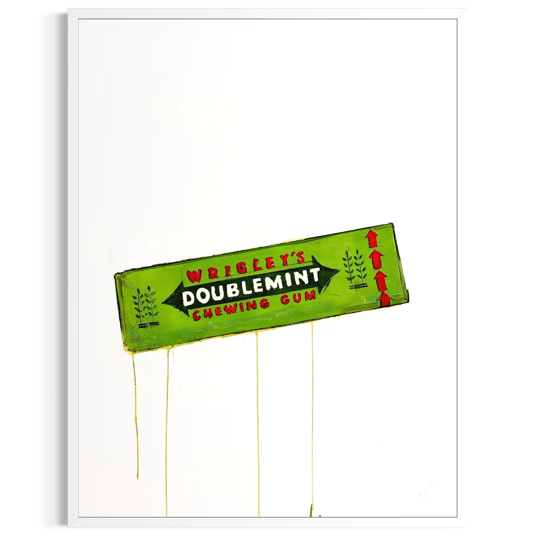 Nostalgic Wrigley's Doublemint Chewing Gum by Eduardo Cabrer is simply painted on a plain white background. It is painted with green and red acrylic with drips of the paint going down the background. 